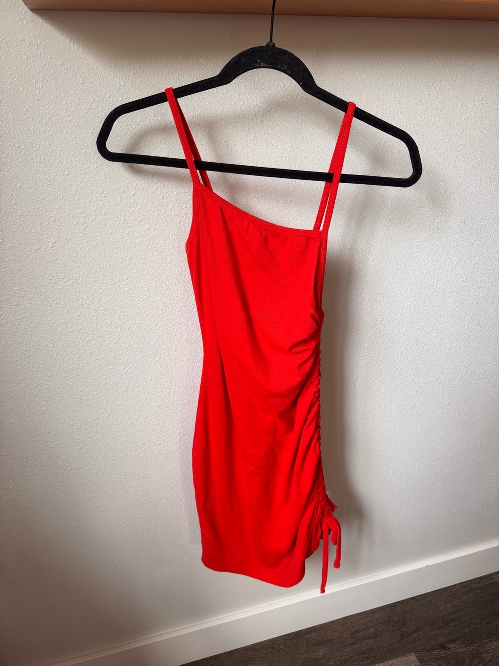 Missguided Red Orange Ribbed Ruched One-Shoulder Mini Dress